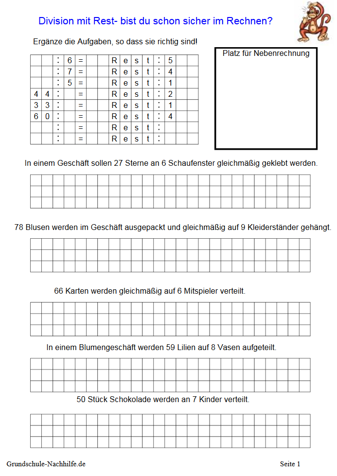 Arbeitsblatt Nachhilfe Mathe Division mit Rest - grundschule-nachhilfe.de